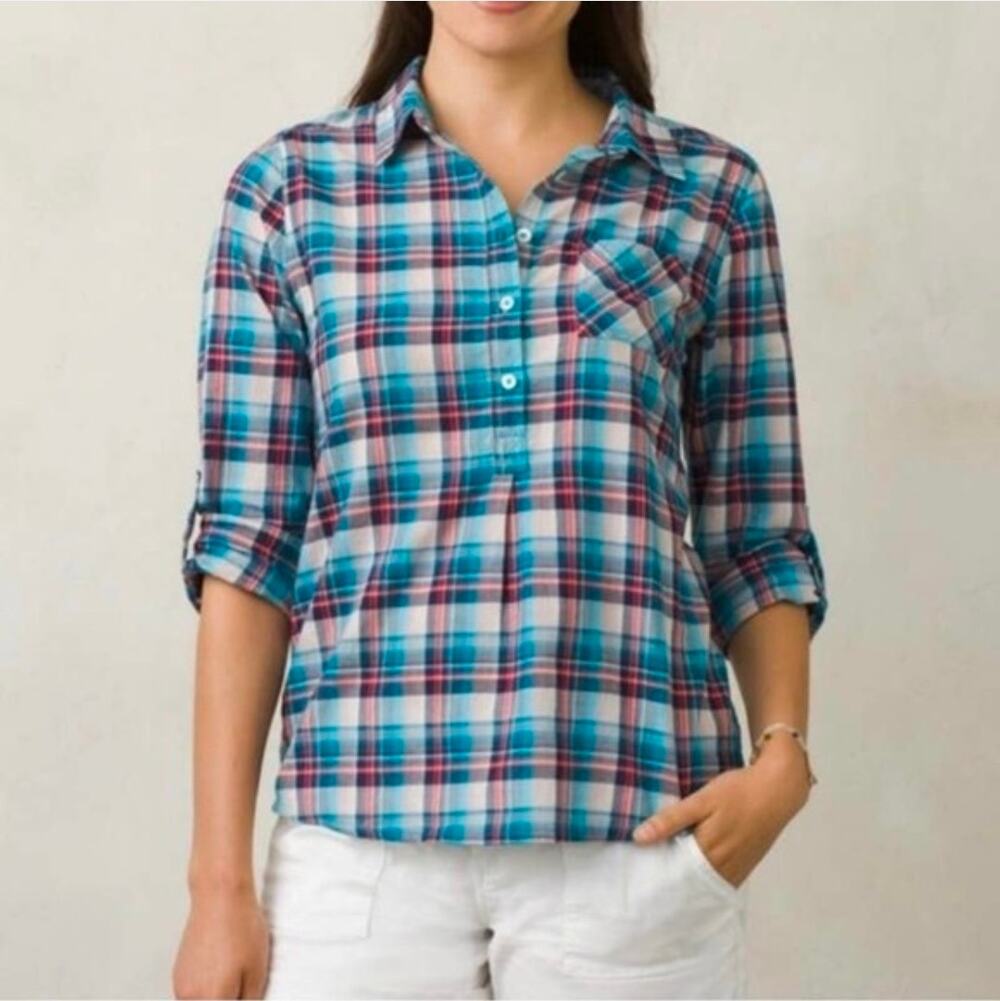Prana Gina Top Popover Womens Medium Roll Tab Lightweight Casual